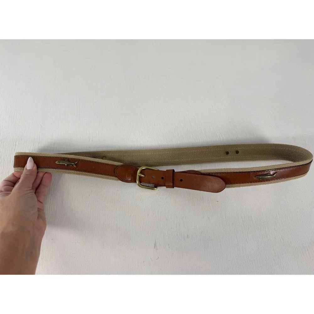 Leather Man Ltd. Leather & Canvas Belt Brown Tabs Brass FISH coastal Size 42